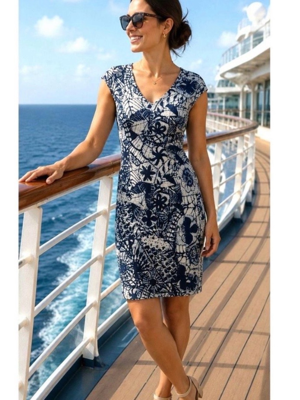 Tory Burch Baltic Sea V-Neck Cap Sleeve Midi Dress Size Small